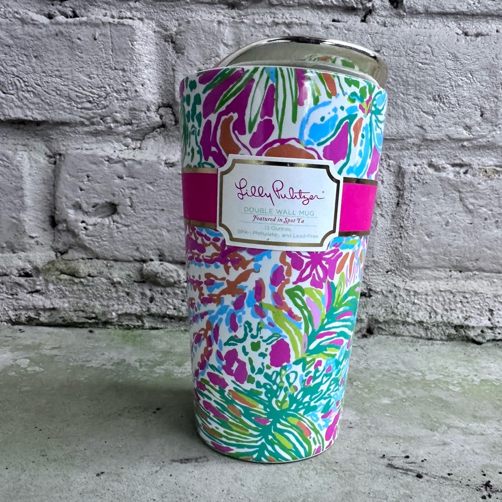 Lilly Pulitzer Pink Green Aqua Blue Floral Coffee Travel Mug & Gold Lid A14 NWT - Picture 2 of 10